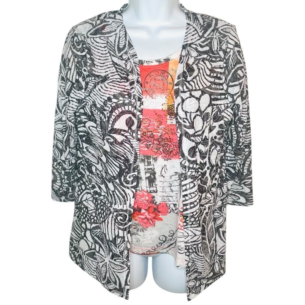 Onque Casuals Abstract Rome Cardigan Set Black White Embellished Beading S